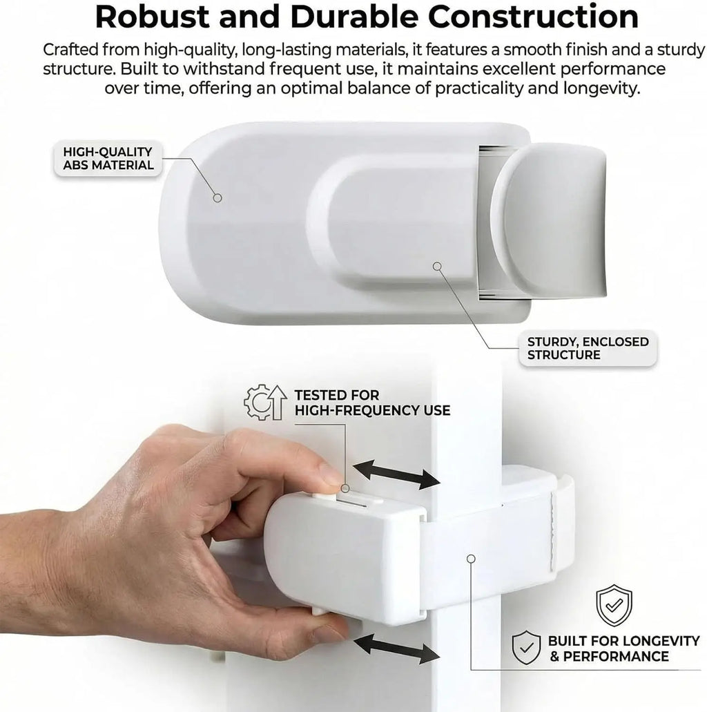 Toddler trying to open a door secured with a renter-friendly snap-on child safety lock.