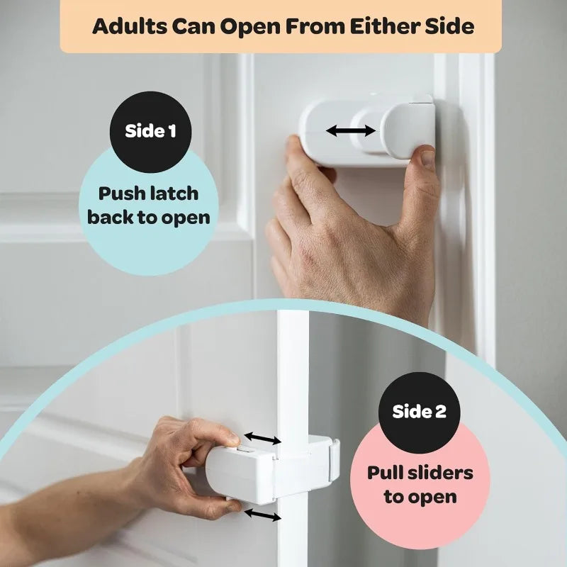 Toddler trying to open a door secured with a renter-friendly snap-on child safety lock.