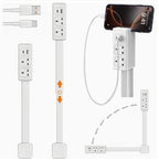Rotatable flat plug outlet extender plugged behind bedside table with slim rotating head design for tight spaces