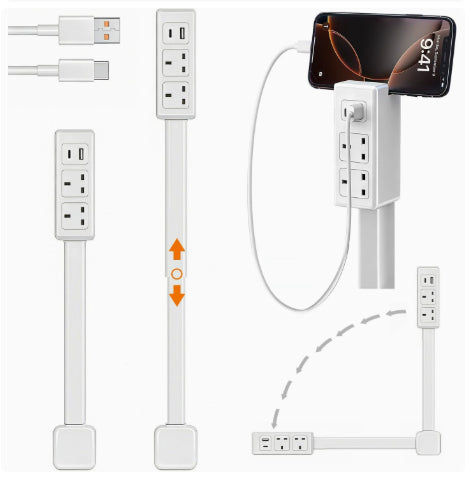 Rotatable flat plug outlet extender plugged behind bedside table with slim rotating head design for tight spaces