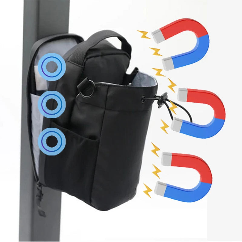 Magnetic gym bag with phone mount attached to gym rack