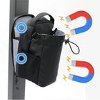 Magnetic gym bag with phone mount attached to gym rack