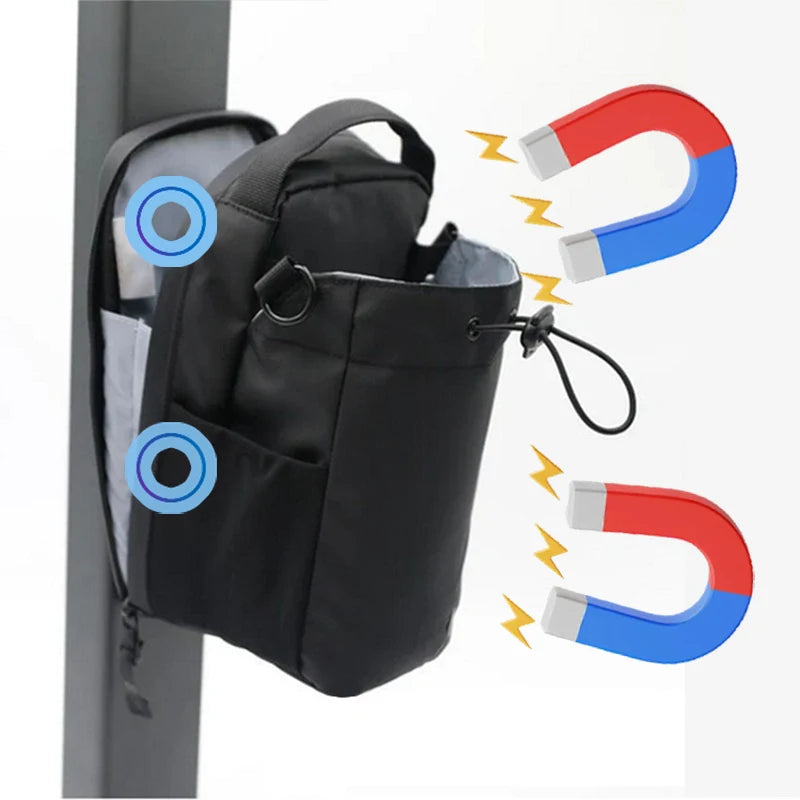 Magnetic gym bag with phone mount attached to gym rack