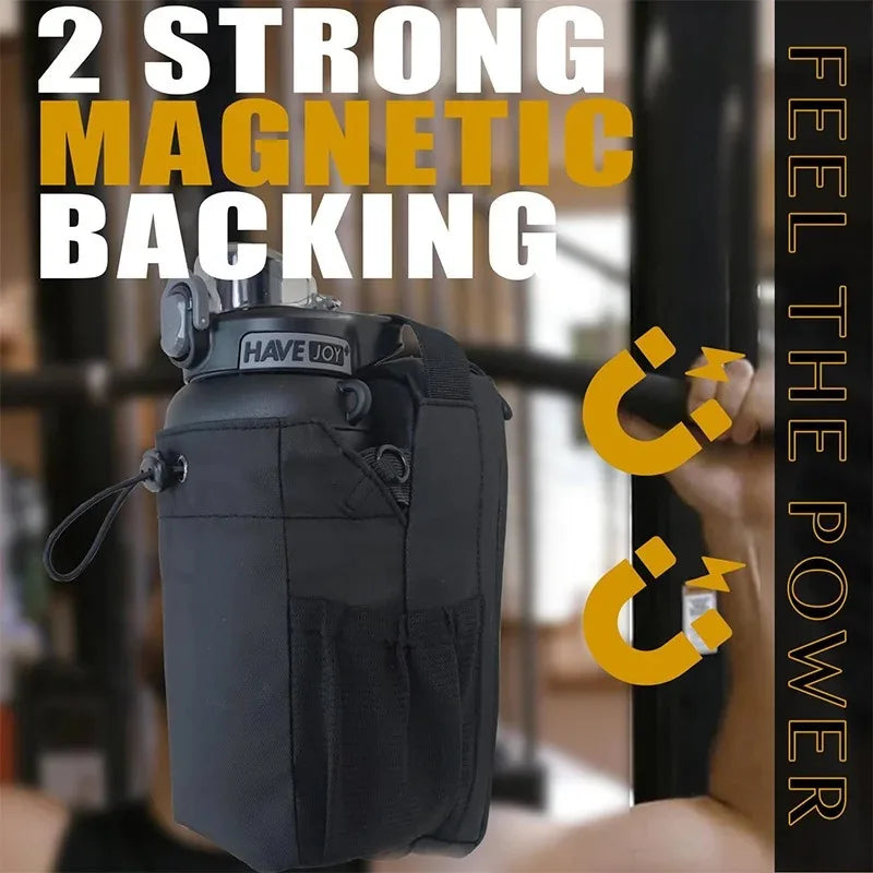 Magnetic gym bag with phone mount attached to gym rack