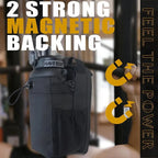 Magnetic gym bag with phone mount attached to gym rack