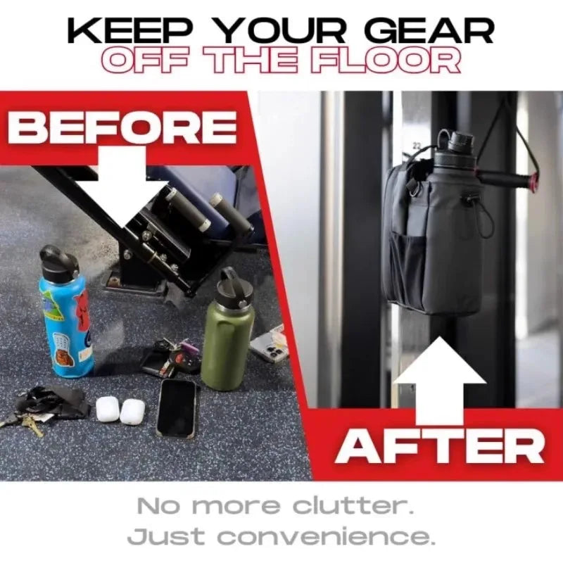 Magnetic gym bag with phone mount attached to gym rack