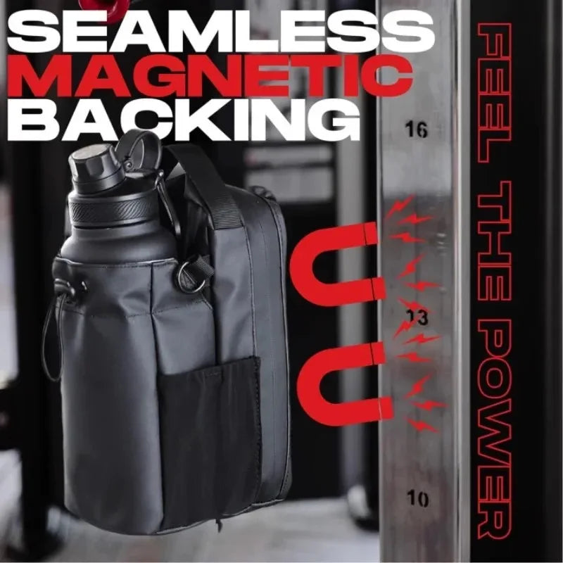 Magnetic gym bag with phone mount attached to gym rack