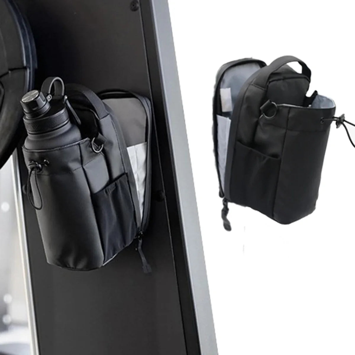 Magnetic gym bag with phone mount attached to gym rack